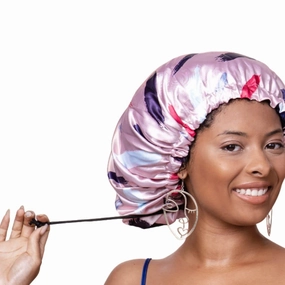 Glow By Daye Satin Bonnet, Double-Layered and Adjustable Satin Sleep Cap, Extra Large, Reversible Free Spirit Pink Brushstrokes