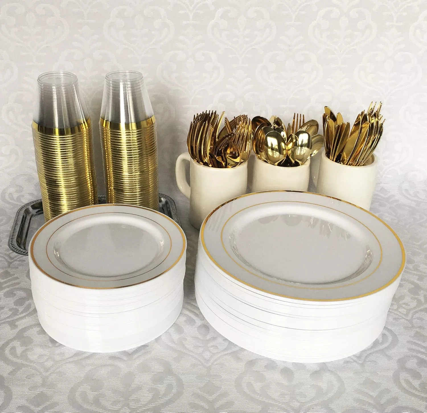 Gold Plastic Silverware Set - 300 Piece Reusable & Recyclable Cutlery for Weddings, Anniversaries, Showers, Parties - Includes 100 Forks, 100 Spoons, 100 Knives - Elegant Party Utensils by JL Prime