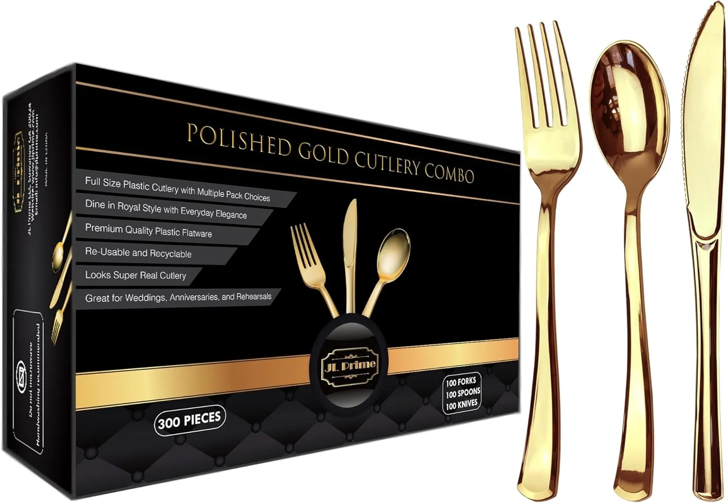 Gold Plastic Silverware Set - 300 Piece Reusable & Recyclable Cutlery for Weddings, Anniversaries, Showers, Parties - Includes 100 Forks, 100 Spoons, 100 Knives - Elegant Party Utensils by JL Prime