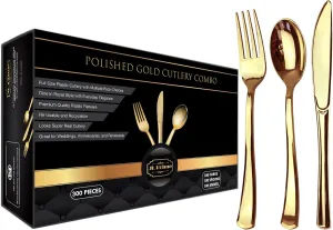 Gold Plastic Silverware Set - 300 Piece Reusable & Recyclable Cutlery for Weddings, Anniversaries, Showers, Parties - Includes 100 Forks, 100 Spoons, 100 Knives - Elegant Party Utensils by JL Prime