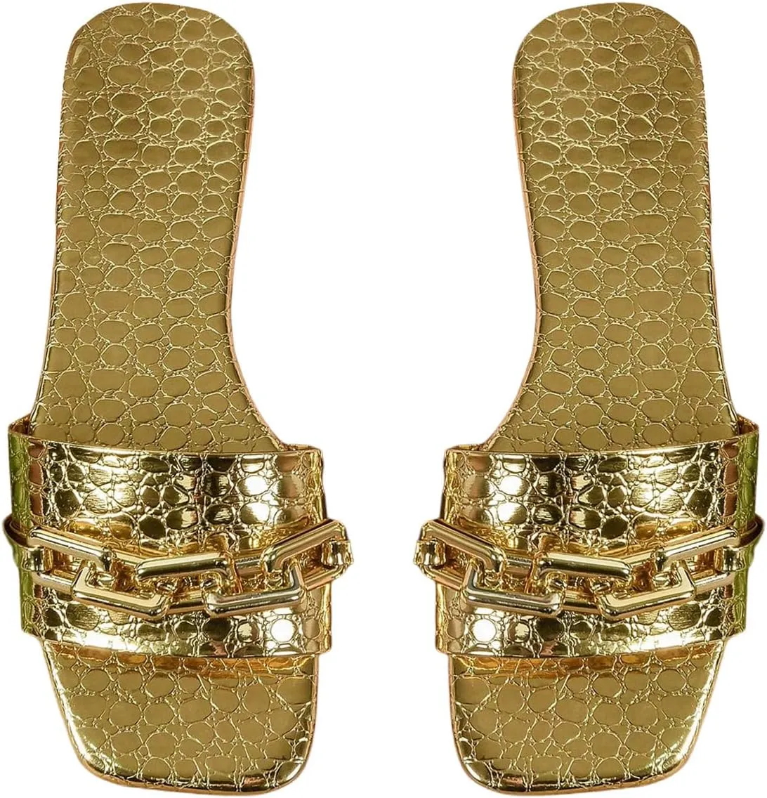 GORGLITTER Women's Metallic Chain Flat Sandals Square Open Toe Slip On Sparkly Slide Sandals