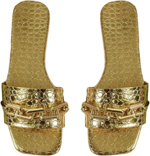GORGLITTER Women's Metallic Chain Flat Sandals Square Open Toe Slip On Sparkly Slide Sandals