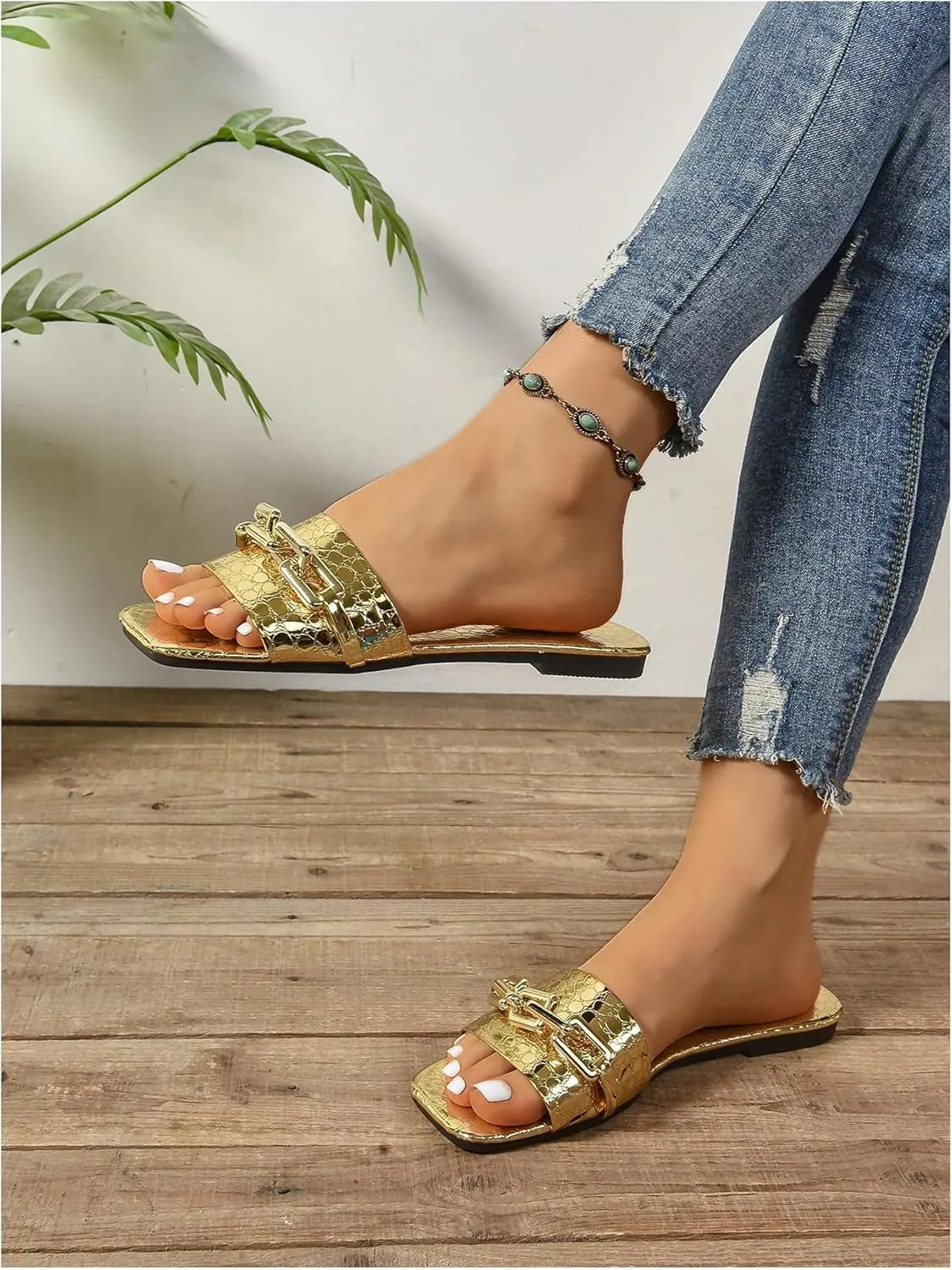 GORGLITTER Women's Metallic Chain Flat Sandals Square Open Toe Slip On Sparkly Slide Sandals