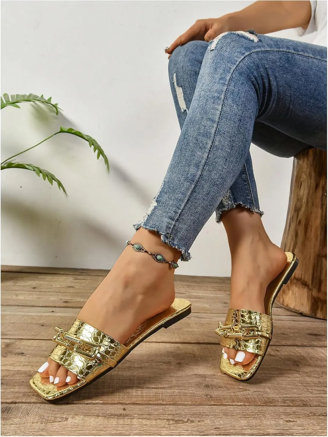 GORGLITTER Women's Metallic Chain Flat Sandals Square Open Toe Slip On Sparkly Slide Sandals