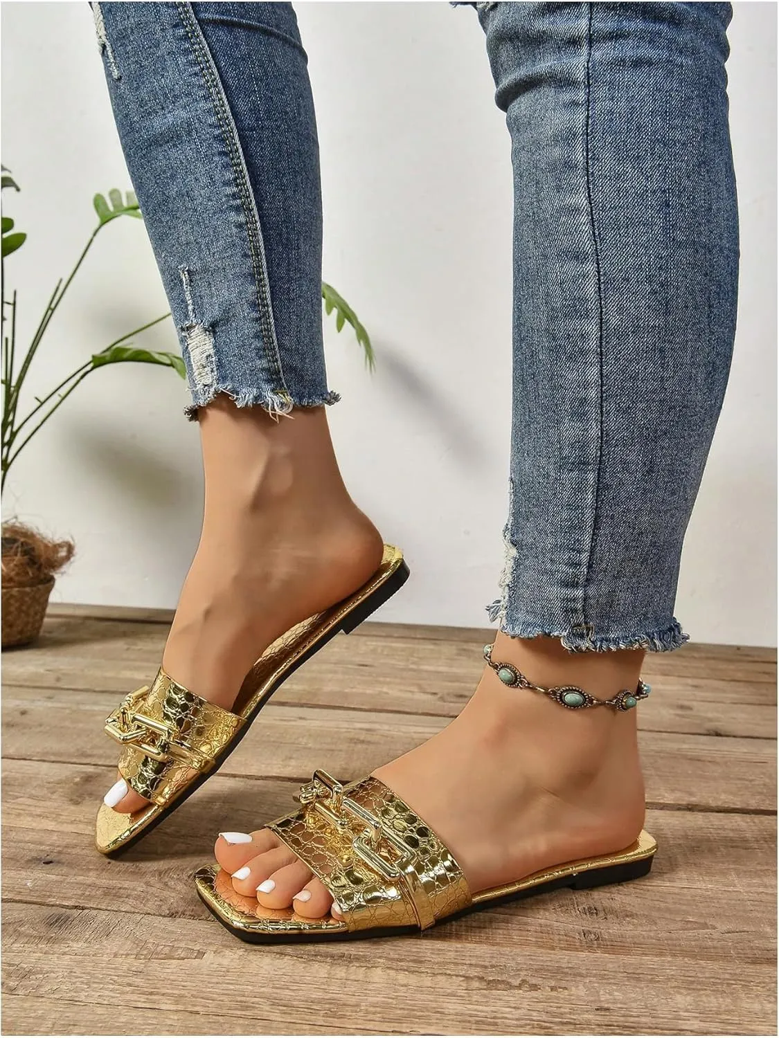 GORGLITTER Women's Metallic Chain Flat Sandals Square Open Toe Slip On Sparkly Slide Sandals