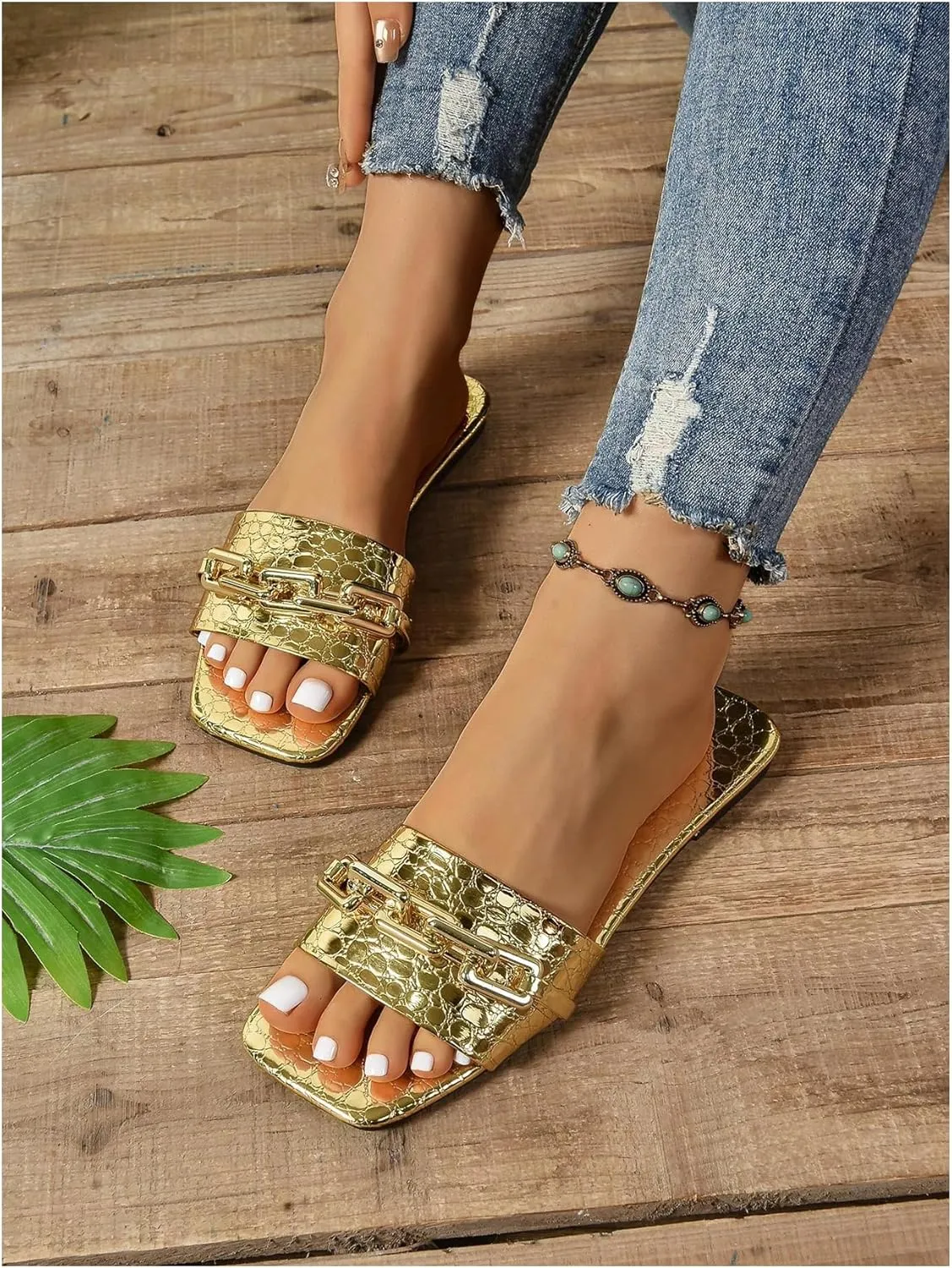 GORGLITTER Women's Metallic Chain Flat Sandals Square Open Toe Slip On Sparkly Slide Sandals