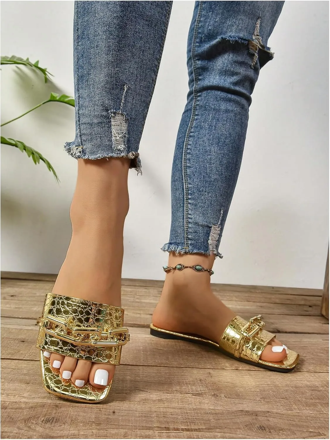 GORGLITTER Women's Metallic Chain Flat Sandals Square Open Toe Slip On Sparkly Slide Sandals