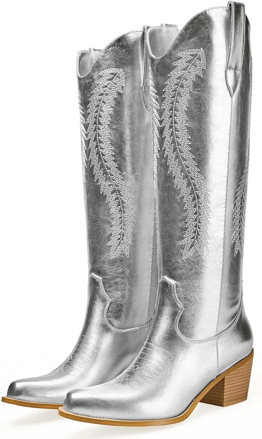 GOSERCE Metallic Cowboy Boots for Women Embroidered Cowgirl Boots Almond Pointed Toe Medium Block Chunky Heel 6cm Pull On Tabs Precise Stitching