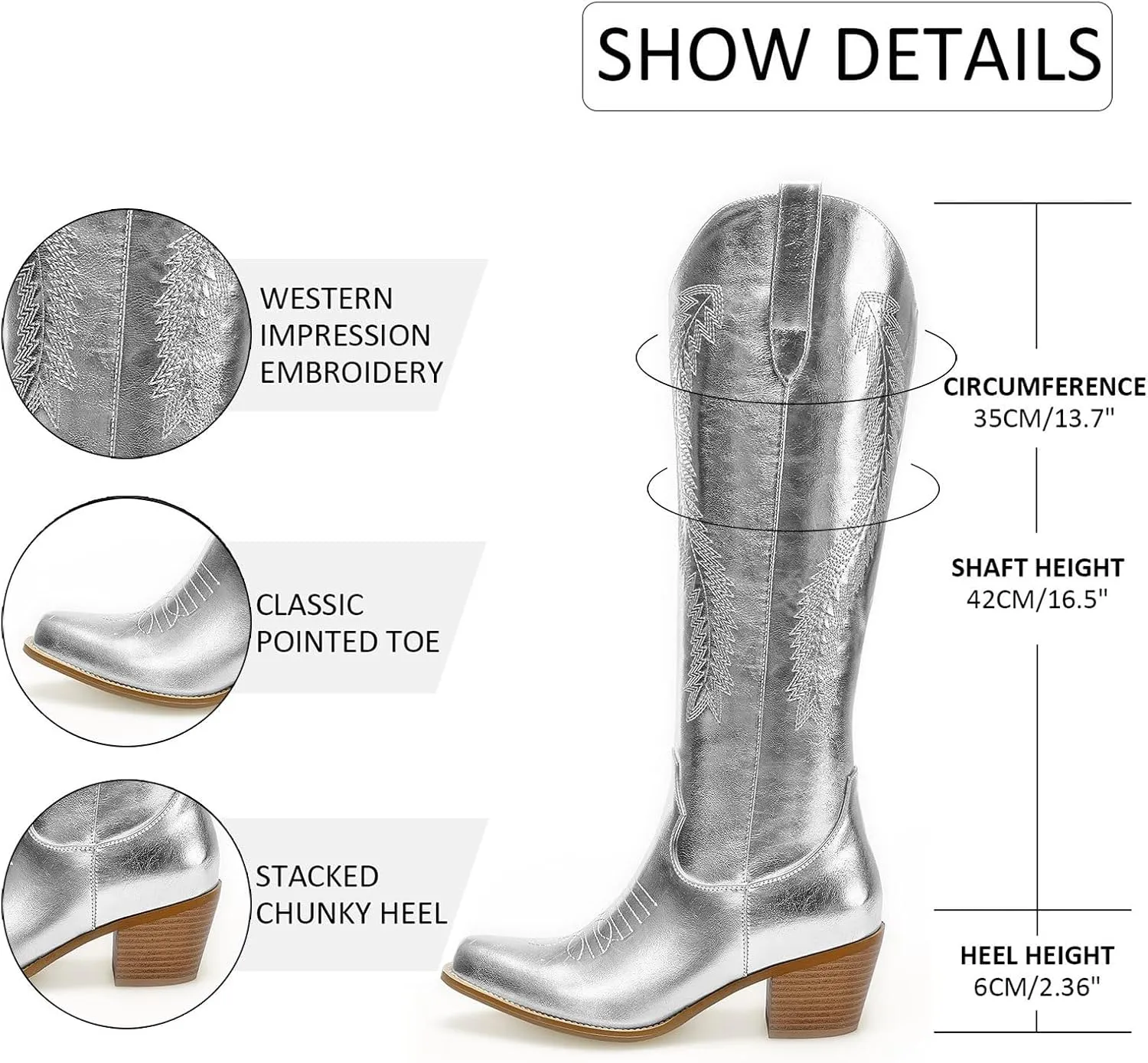 GOSERCE Metallic Cowboy Boots for Women Embroidered Cowgirl Boots Almond Pointed Toe Medium Block Chunky Heel 6cm Pull On Tabs Precise Stitching