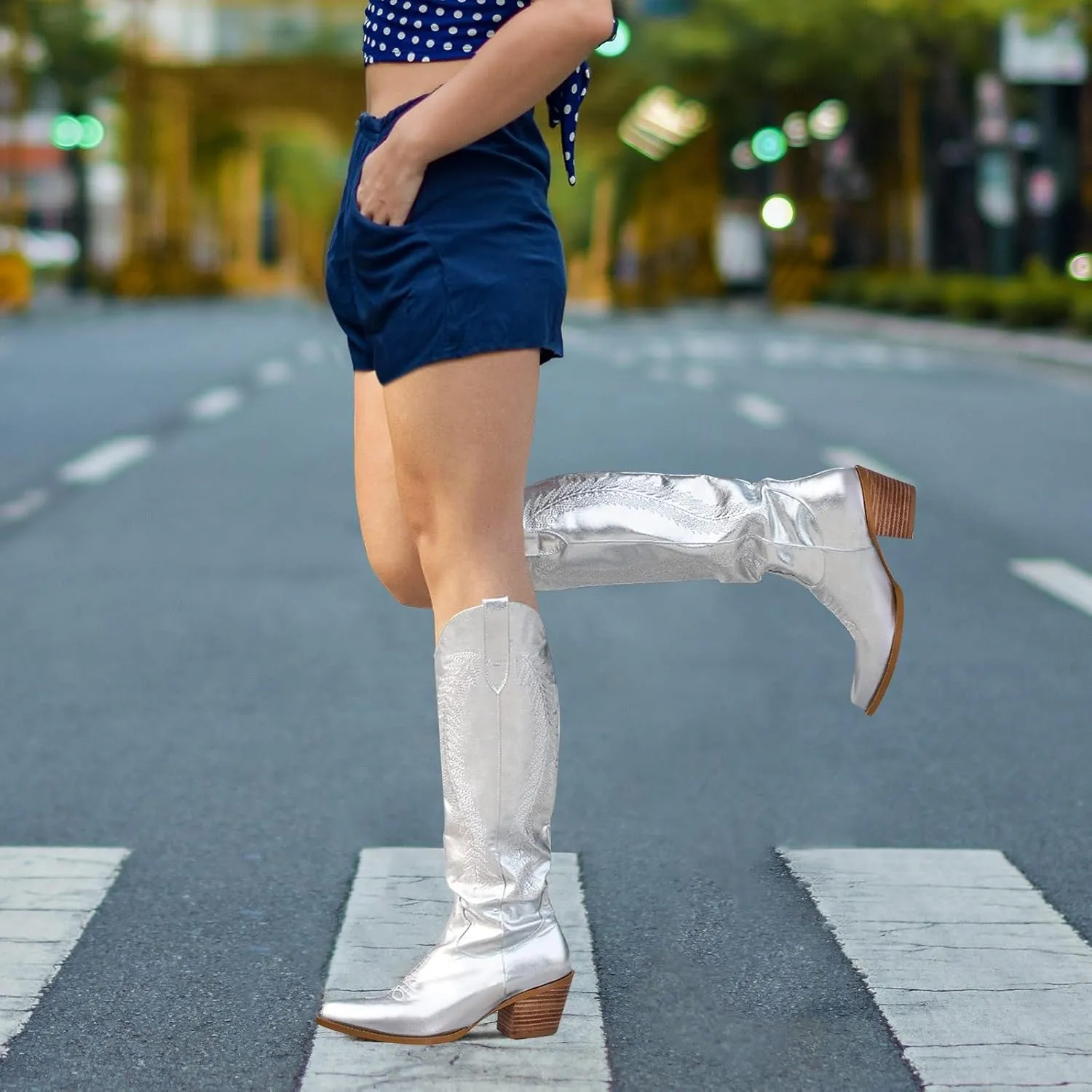 GOSERCE Metallic Cowboy Boots for Women Embroidered Cowgirl Boots Almond Pointed Toe Medium Block Chunky Heel 6cm Pull On Tabs Precise Stitching