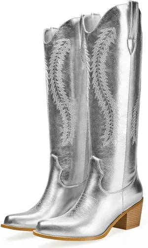 GOSERCE Metallic Cowboy Boots for Women Embroidered Cowgirl Boots Almond Pointed Toe Medium Block Chunky Heel 6cm Pull On Tabs Precise Stitching