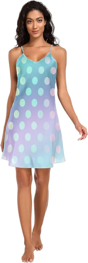 Green Pink Gradient Polka Dot Slip Dress for Women, Sexy V Neck Spaghetti Strap Nightgown, Small