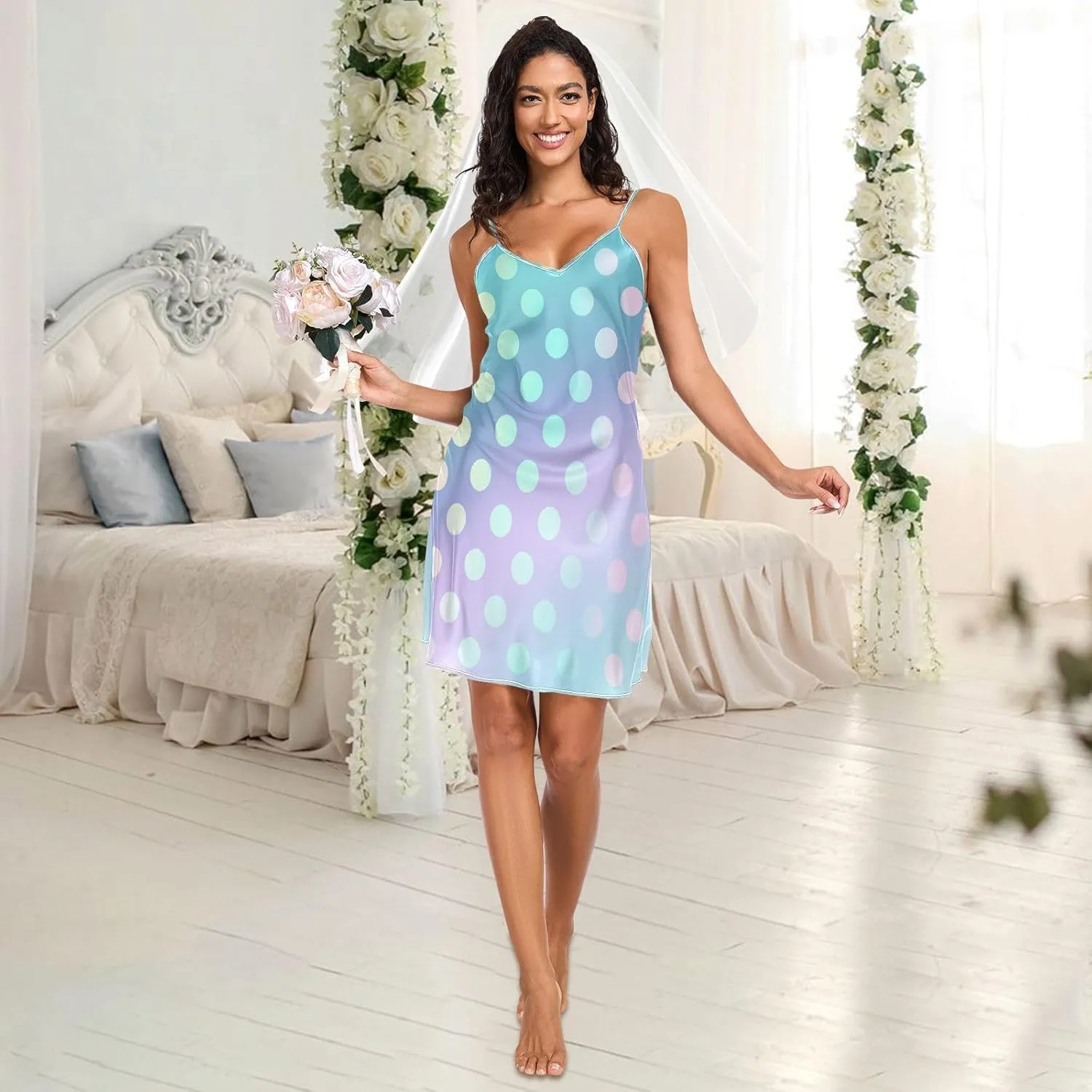Green Pink Gradient Polka Dot Slip Dress for Women, Sexy V Neck Spaghetti Strap Nightgown, Small