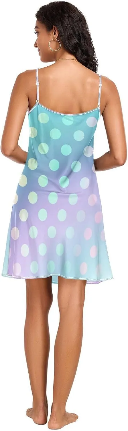 Green Pink Gradient Polka Dot Slip Dress for Women, Sexy V Neck Spaghetti Strap Nightgown, Small