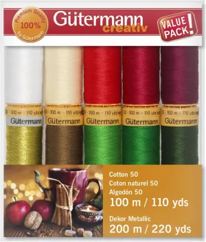 Gutermann Cotton 50 Holiday Thread Set - 10 Spools - Collection 1 - Gold Metallic