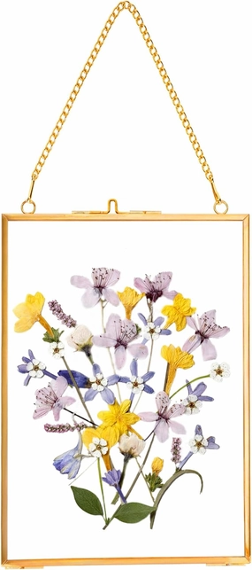 Hanging Pressed Flower Frames, Double Glass Floating Picture Frame Handmade, Glass Frame for Pressed Flowers, Vintage Brass Picture Frame for Artwork Wall Display Mount, Gold, 5x7 Inches