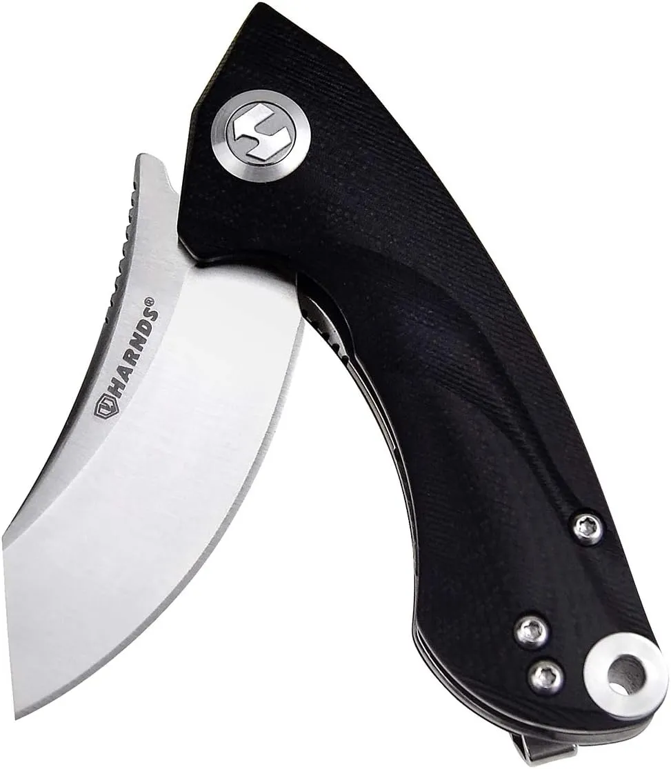Harnds Ballet Folding Knife with Sandvik 14C28N Blade Camping Pocket Knife with Deep Carry Pocket Clip G10 Handle Flipper Open Liner Lock EDC (black)