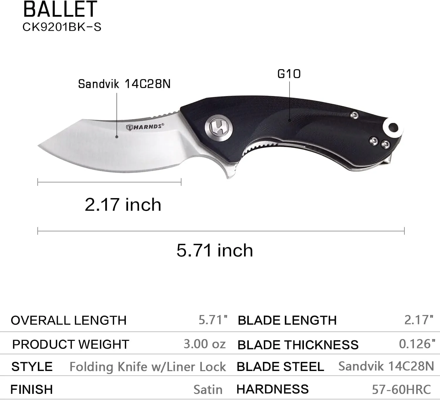 Harnds Ballet Folding Knife with Sandvik 14C28N Blade Camping Pocket Knife with Deep Carry Pocket Clip G10 Handle Flipper Open Liner Lock EDC (black)