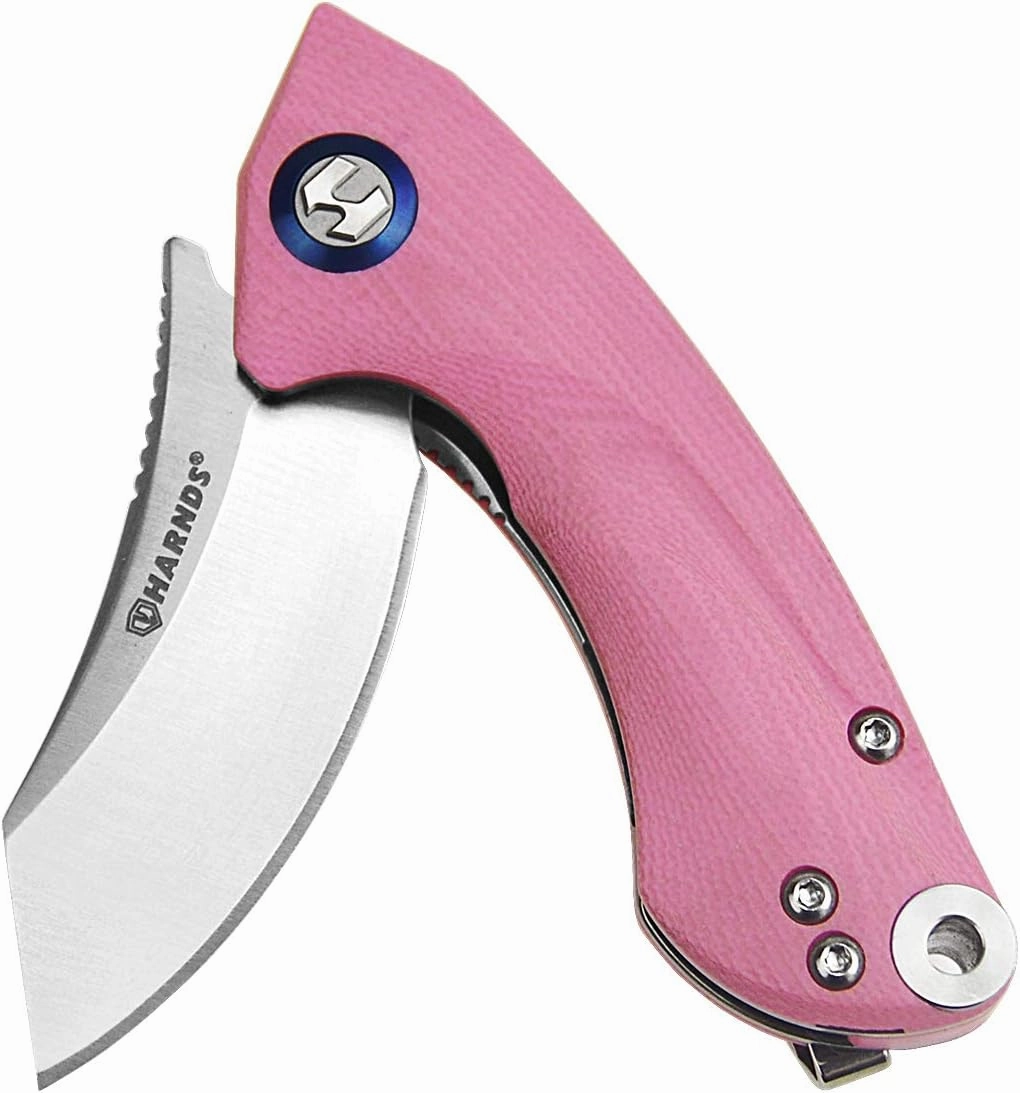 Harnds Ballet Folding Knife with Sandvik 14C28N Blade Camping Pocket Knife with Deep Carry Pocket Clip G10 Handle Flipper Open Liner Lock EDC (pink)