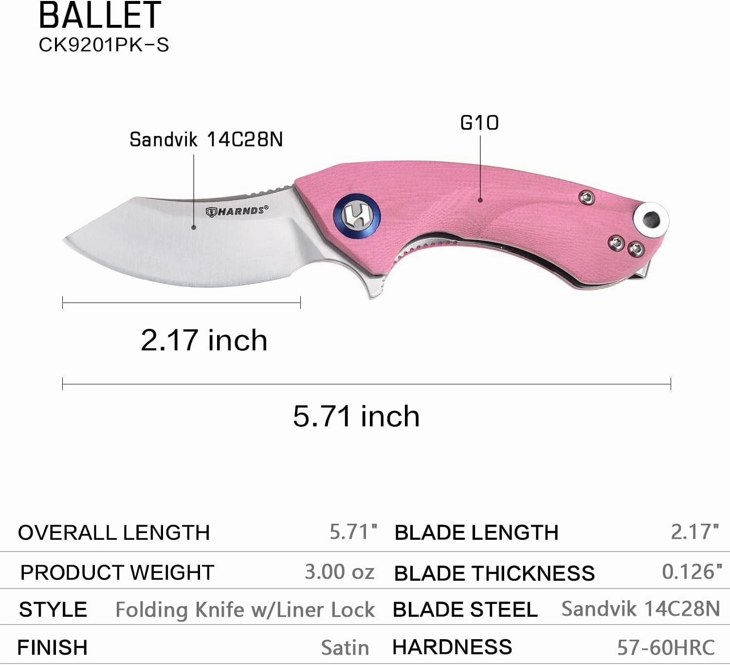 Harnds Ballet Folding Knife with Sandvik 14C28N Blade Camping Pocket Knife with Deep Carry Pocket Clip G10 Handle Flipper Open Liner Lock EDC (pink)