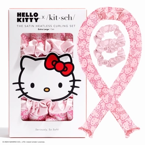 Hello x Kitsch Satin Heatless Hair Curler Set - Heatless Curls Overnight, Hair Rollers for Soft Curls & Frizz-Free Styling, No Heat Curlers To Sleep in, Curling Rod Headband - Pink Kitty Faces