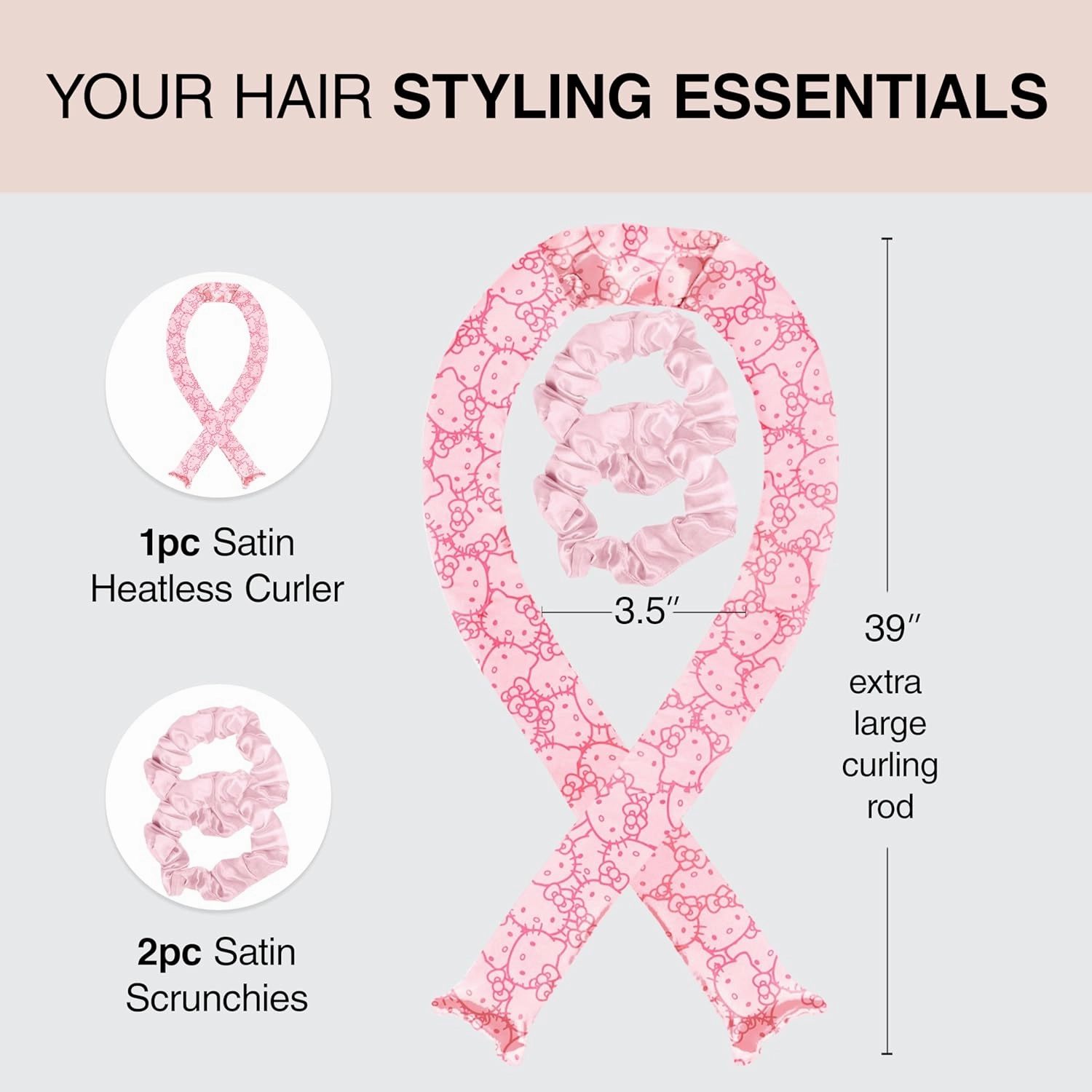Hello x Kitsch Satin Heatless Hair Curler Set - Heatless Curls Overnight, Hair Rollers for Soft Curls & Frizz-Free Styling, No Heat Curlers To Sleep in, Curling Rod Headband - Pink Kitty Faces