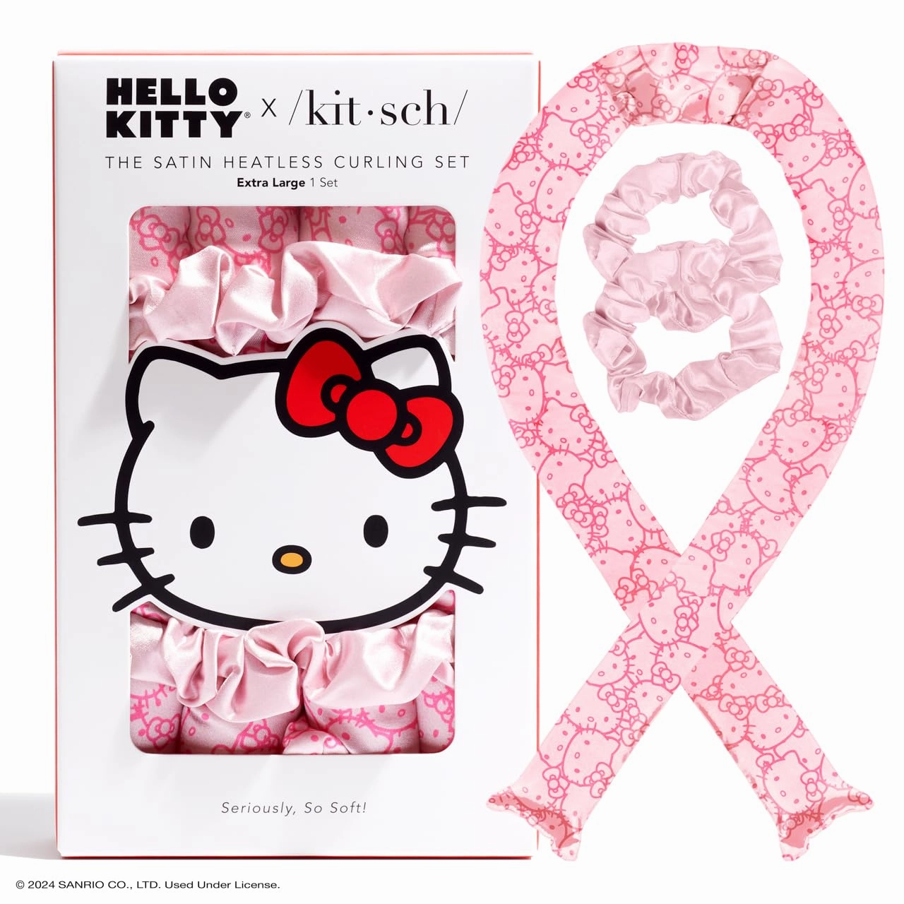 Hello x Kitsch Satin Heatless Hair Curler Set - Heatless Curls Overnight, Hair Rollers for Soft Curls & Frizz-Free Styling, No Heat Curlers To Sleep in, Curling Rod Headband - Pink Kitty Faces
