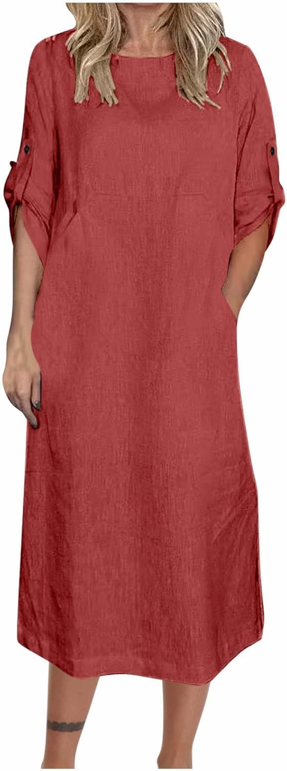 HGps8w Women's Loose Cotton Linen Dress Roll-Up 3/4 Sleeve Crewneck Casual Solid Vintage Maxi Long Tunic Dresses