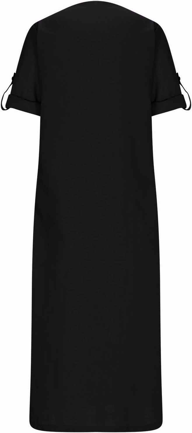 HGps8w Women's Loose Cotton Linen Dress Roll-Up 3/4 Sleeve Crewneck Casual Solid Vintage Maxi Long Tunic Dresses