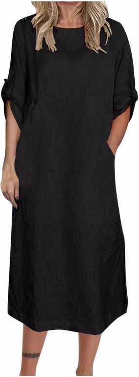 HGps8w Women's Loose Cotton Linen Dress Roll-Up 3/4 Sleeve Crewneck Casual Solid Vintage Maxi Long Tunic Dresses