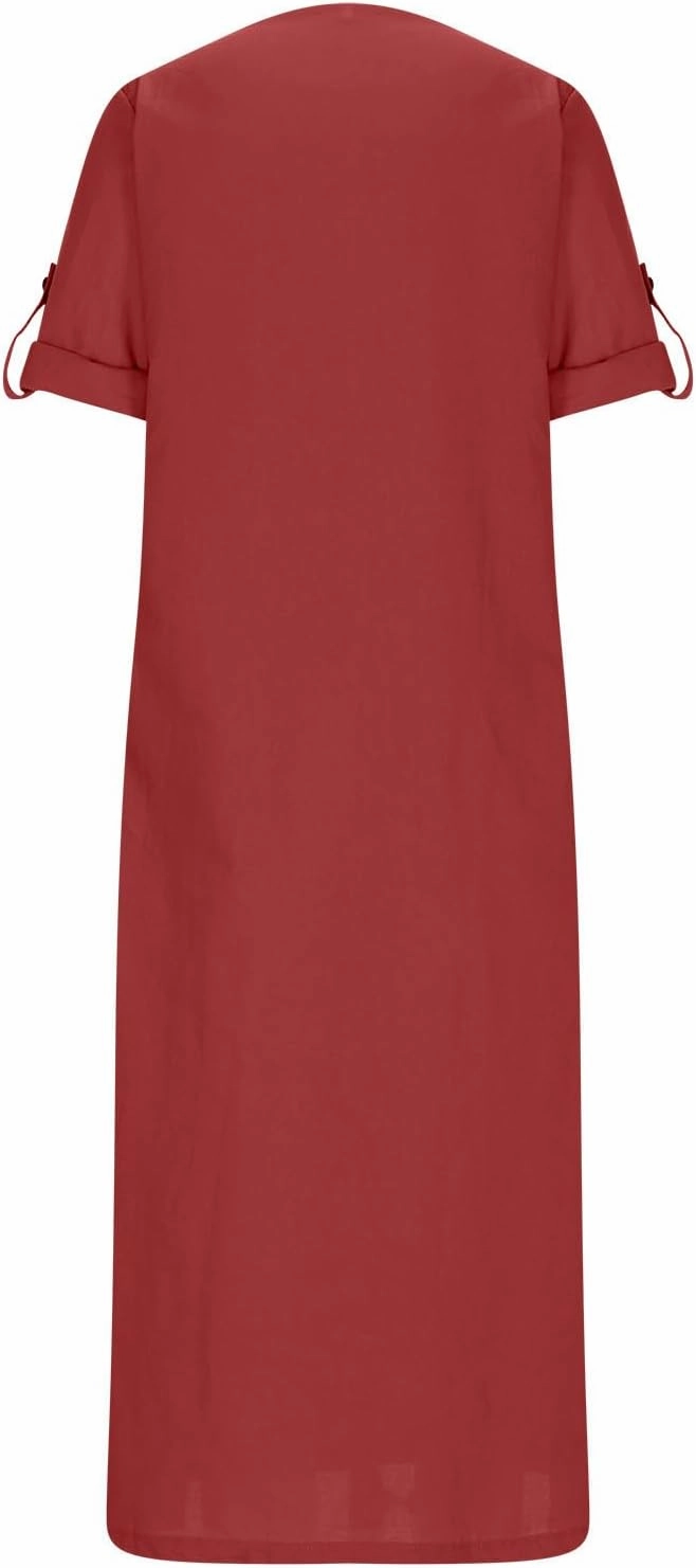 HGps8w Women's Loose Cotton Linen Dress Roll-Up 3/4 Sleeve Crewneck Casual Solid Vintage Maxi Long Tunic Dresses