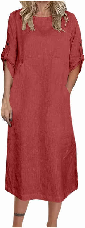 HGps8w Women's Loose Cotton Linen Dress Roll-Up 3/4 Sleeve Crewneck Casual Solid Vintage Maxi Long Tunic Dresses