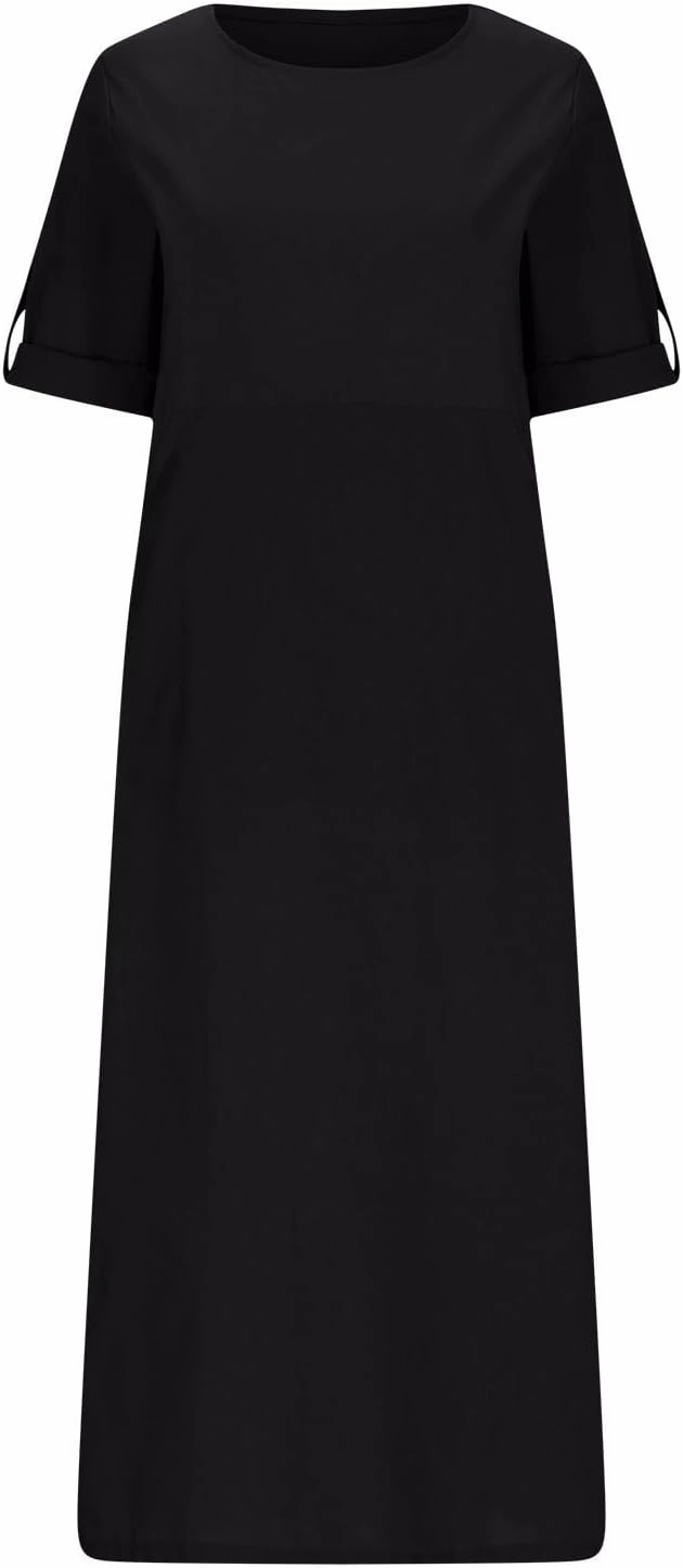 HGps8w Women's Loose Cotton Linen Dress Roll-Up 3/4 Sleeve Crewneck Casual Solid Vintage Maxi Long Tunic Dresses