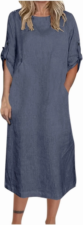 HGps8w Women's Loose Cotton Linen Dress Roll-Up 3/4 Sleeve Crewneck Casual Solid Vintage Maxi Long Tunic Dresses