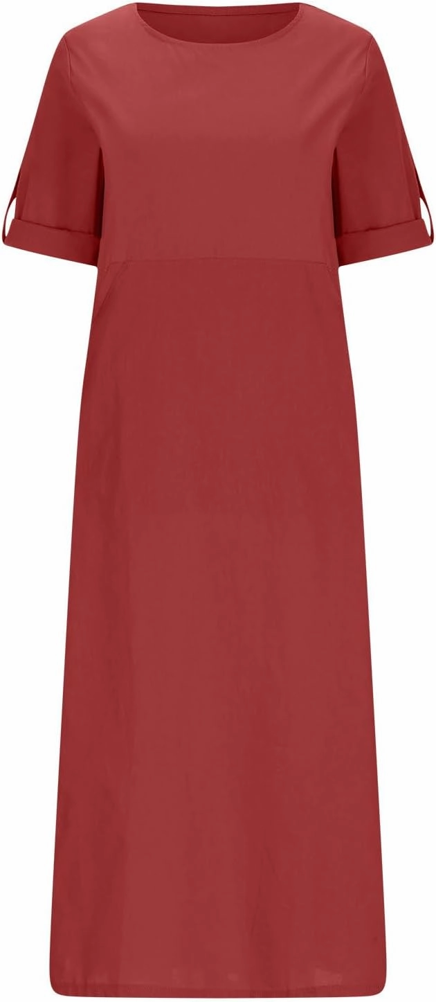 HGps8w Women's Loose Cotton Linen Dress Roll-Up 3/4 Sleeve Crewneck Casual Solid Vintage Maxi Long Tunic Dresses