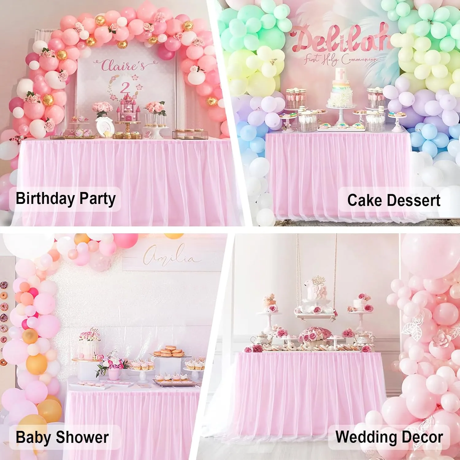 Hiasan Pink Table Skirt Tablecloth for Rectangle or Round Tables Tulle Tutu Table Skirt Table Cloths for Baby Shower Girl Gender Reveal Wedding Birthday Party Table Decorations(6ft, Pink)