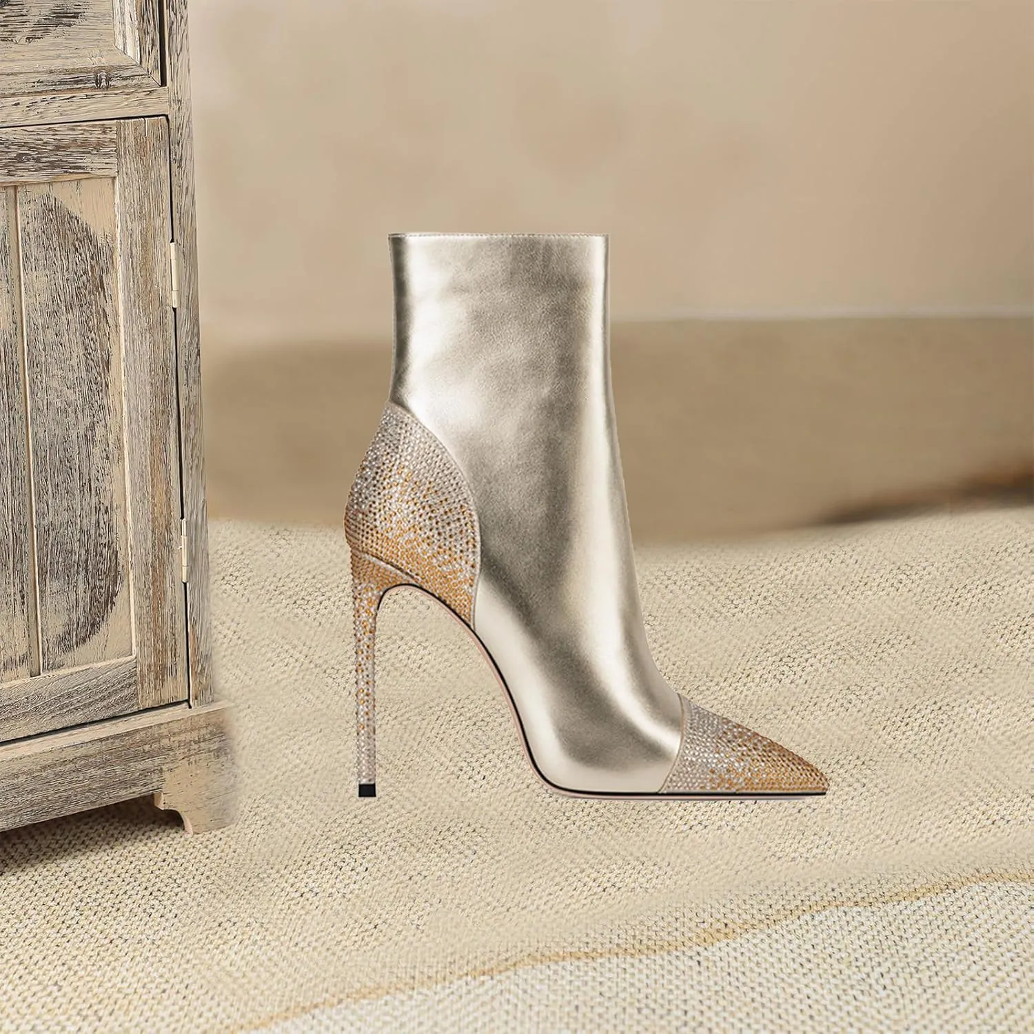 High Heeled Ankle Boots,Women's Rhinestone Decorated Boots,Pointed Stiletto Boots,Classic Elegant Boots