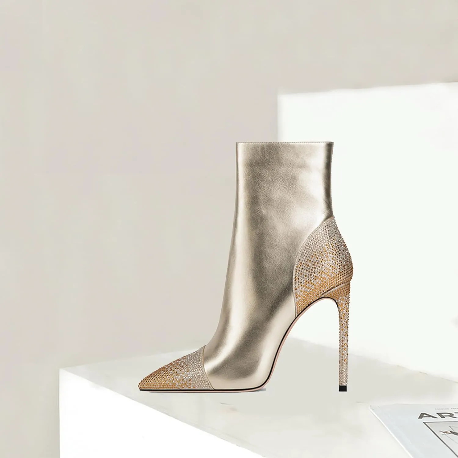 High Heeled Ankle Boots,Women's Rhinestone Decorated Boots,Pointed Stiletto Boots,Classic Elegant Boots