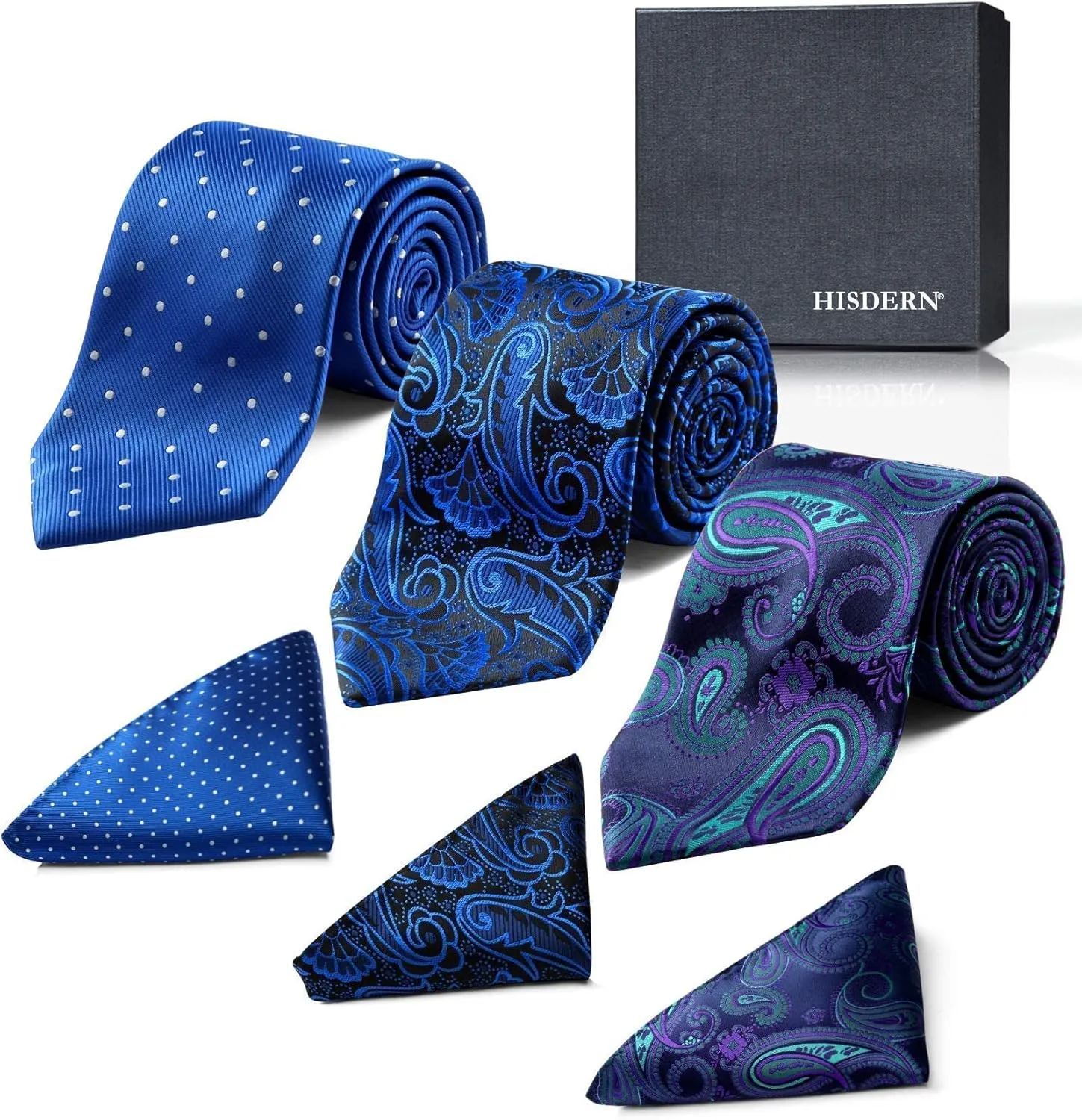 HISDERN Mens Ties Extra Long Tie and Pocket Square Set 63 Inch XL Tie Pack Collection Present Box Necktie Lot 3 PCS