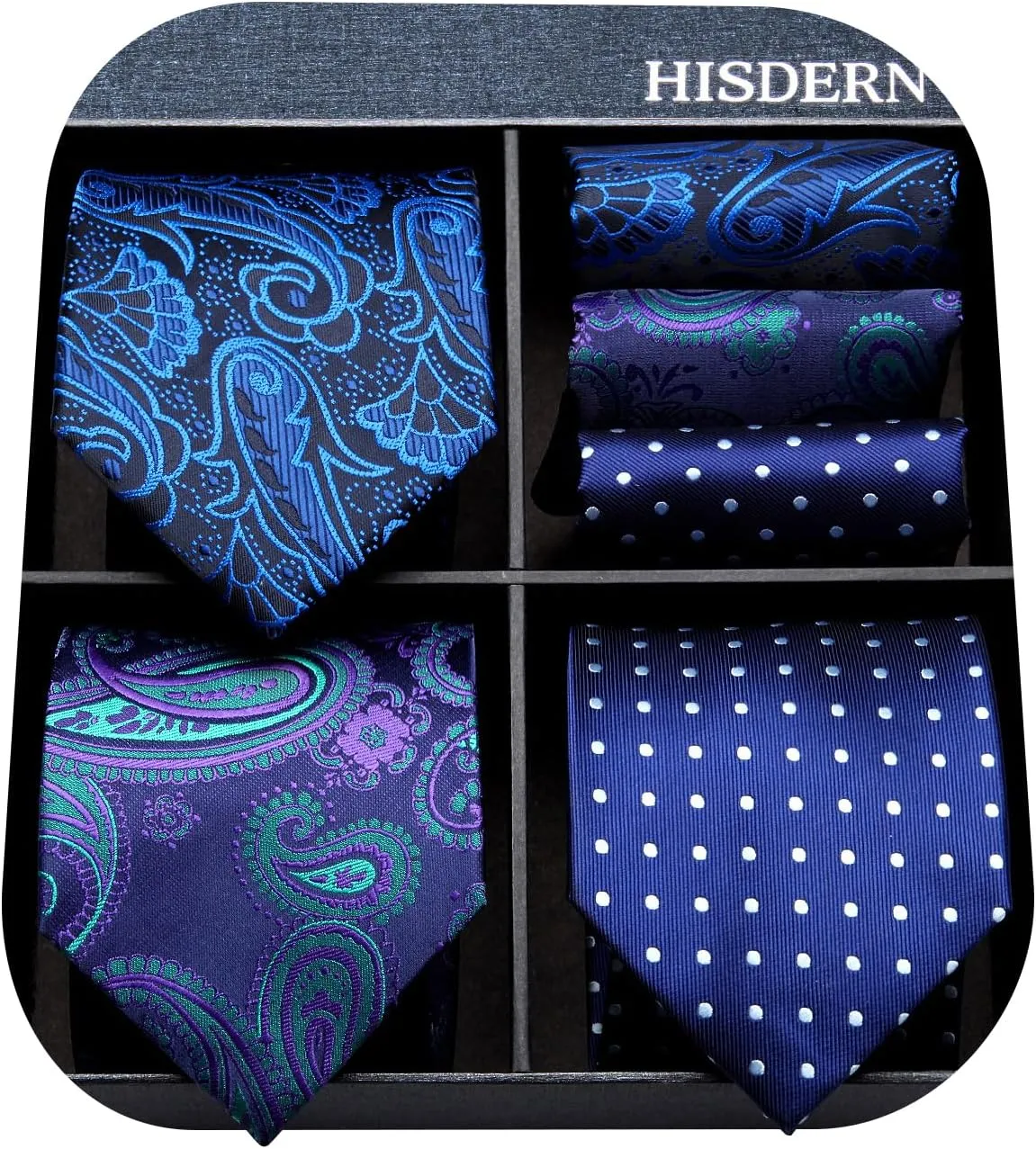 HISDERN Mens Ties Extra Long Tie and Pocket Square Set 63 Inch XL Tie Pack Collection Present Box Necktie Lot 3 PCS