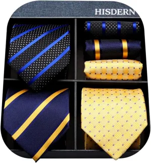 HISDERN Mens Ties Extra Long Tie and Pocket Square Set 63 Inch XL Tie Pack Collection Present Box Necktie Lot 3 PCS