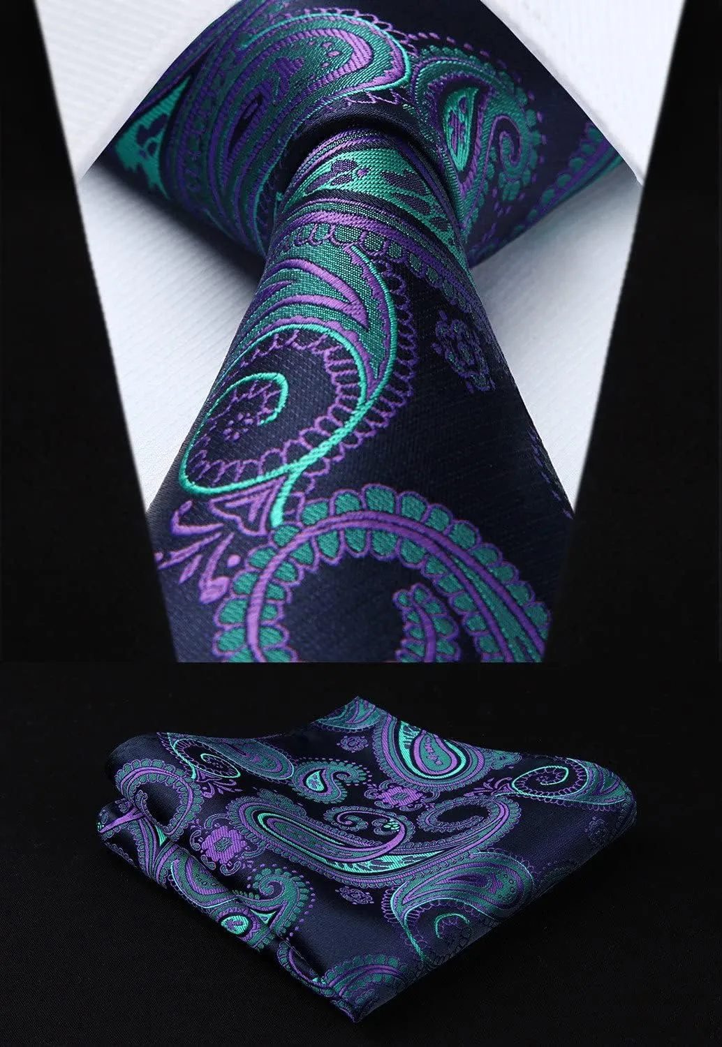 HISDERN Mens Ties Extra Long Tie and Pocket Square Set 63 Inch XL Tie Pack Collection Present Box Necktie Lot 3 PCS