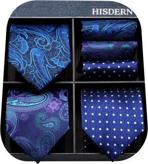 HISDERN Mens Ties Extra Long Tie and Pocket Square Set 63 Inch XL Tie Pack Collection Present Box Necktie Lot 3 PCS