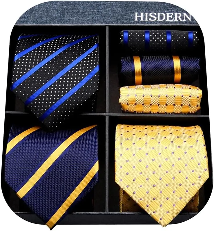 HISDERN Mens Ties Extra Long Tie and Pocket Square Set 63 Inch XL Tie Pack Collection Present Box Necktie Lot 3 PCS