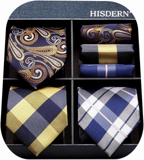 HISDERN Mens Ties Extra Long Tie and Pocket Square Set 63 Inch XL Tie Pack Collection Present Box Necktie Lot 3 PCS
