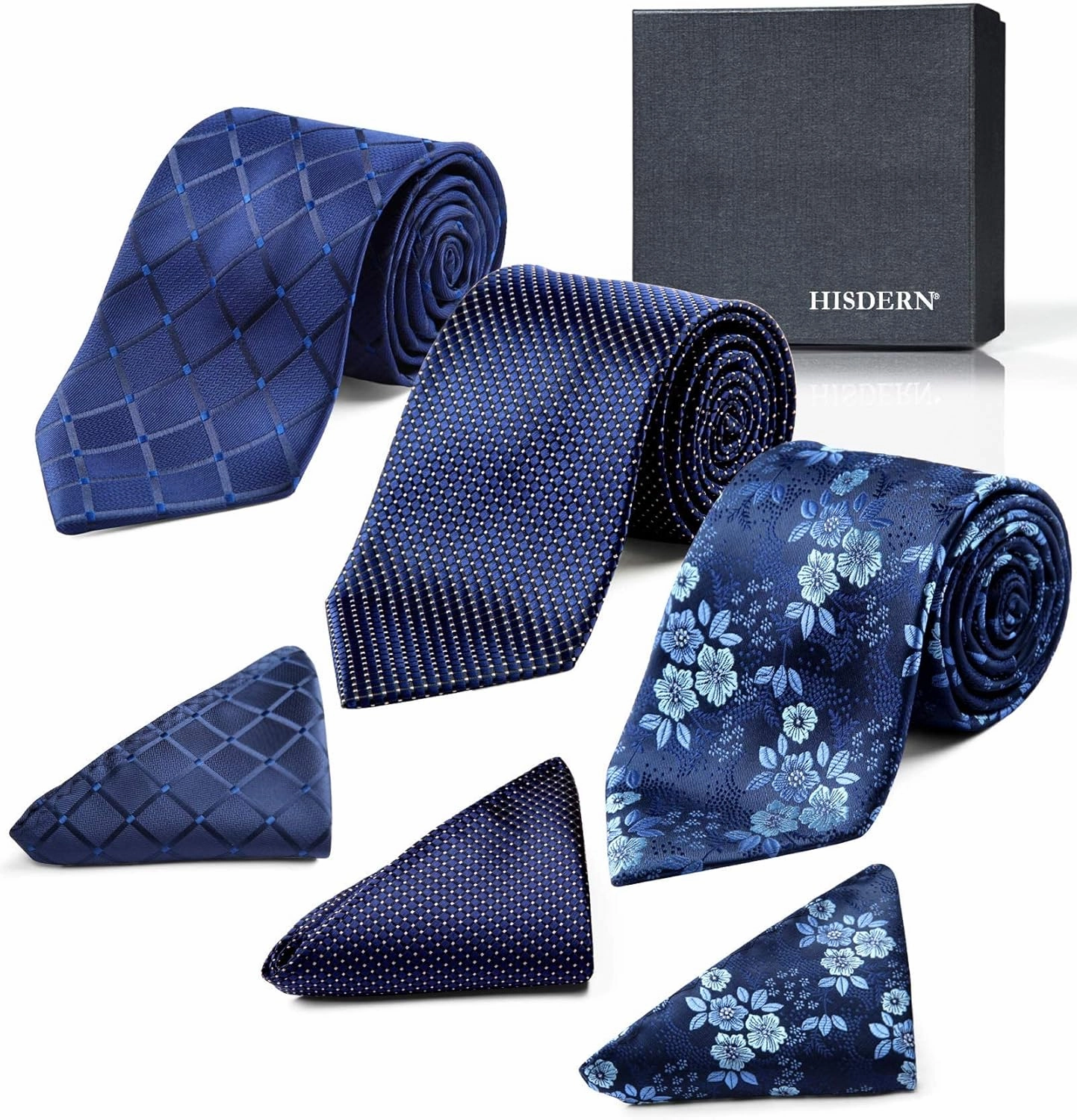 HISDERN Mens Ties Extra Long Tie and Pocket Square Set 63 Inch XL Tie Pack Collection Present Box Necktie Lot 3 PCS