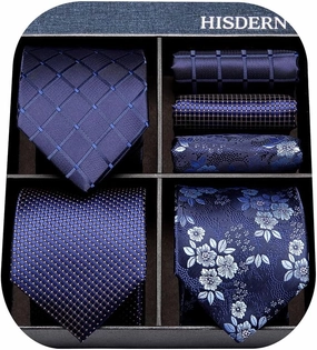 HISDERN Mens Ties Extra Long Tie and Pocket Square Set 63 Inch XL Tie Pack Collection Present Box Necktie Lot 3 PCS