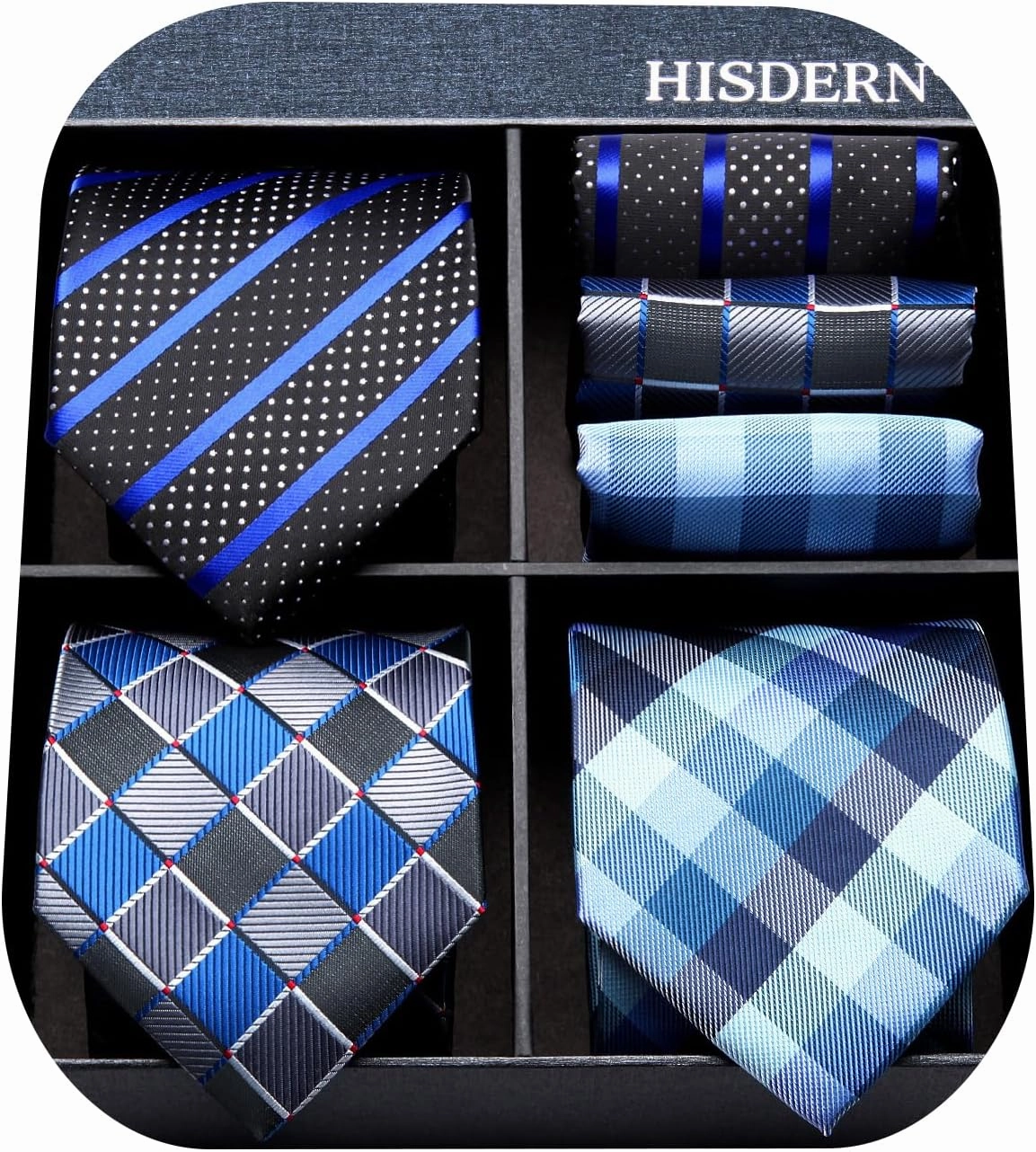 HISDERN Mens Ties Extra Long Tie and Pocket Square Set 63 Inch XL Tie Pack Collection Present Box Necktie Lot 3 PCS