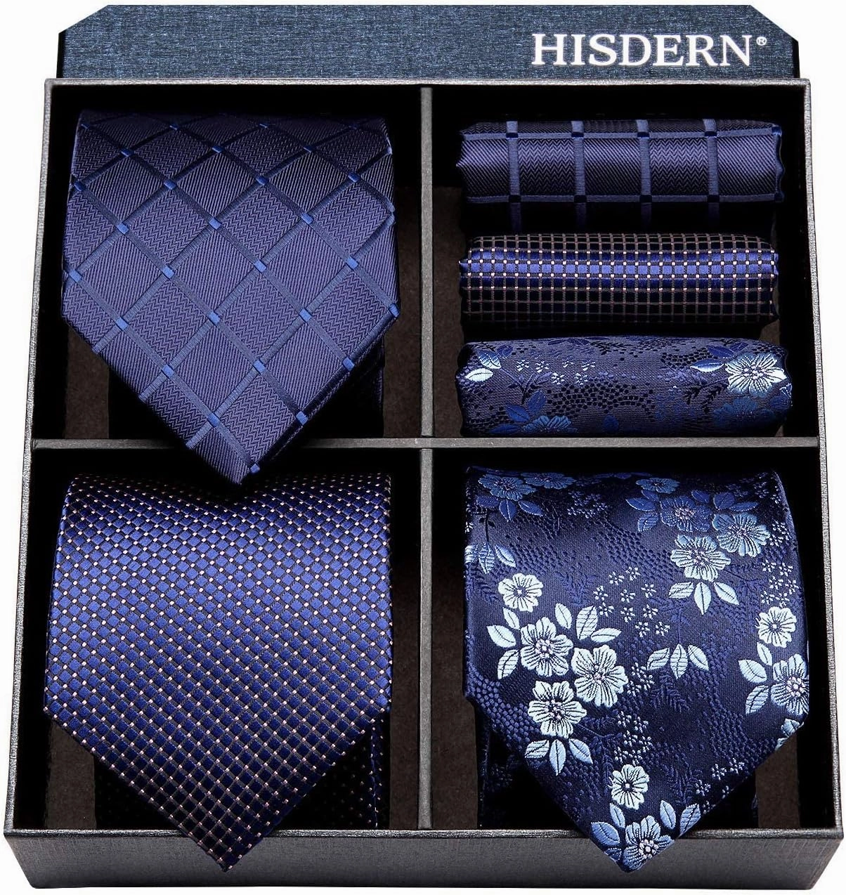 HISDERN Mens Ties Extra Long Tie and Pocket Square Set 63 Inch XL Tie Pack Collection Present Box Necktie Lot 3 PCS