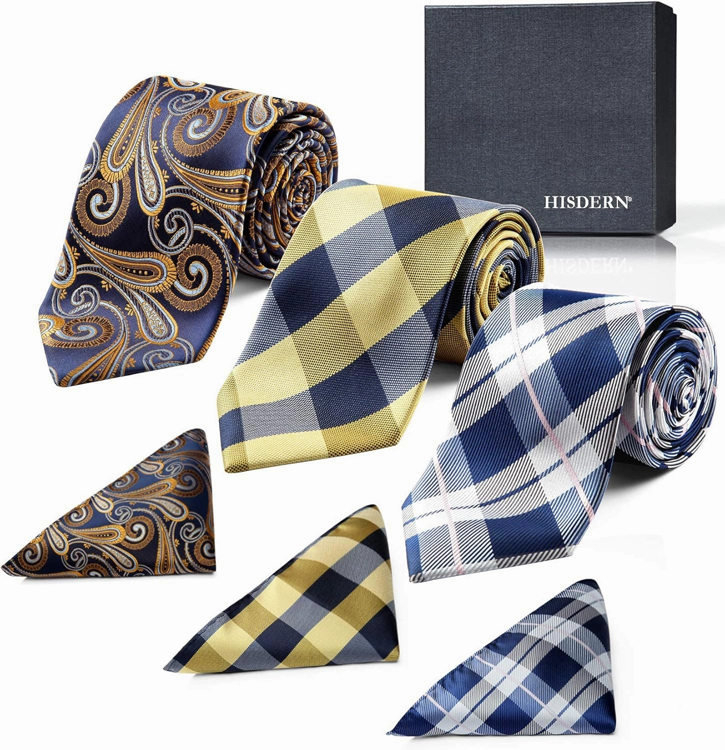 HISDERN Mens Ties Extra Long Tie and Pocket Square Set 63 Inch XL Tie Pack Collection Present Box Necktie Lot 3 PCS
